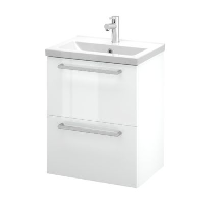 Meuble sous vasque suspendu blanc brillant l.50 cm 2 tiroirs Imandra + plan vasque faible profondeur blanc céramique Nira, GoodHome