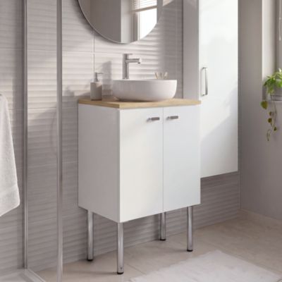 Meuble sous vasque suspendu blanc brillant l.60 cm 2 portes Imandra + plan de toilette en chêne massif Hartland, GoodHome