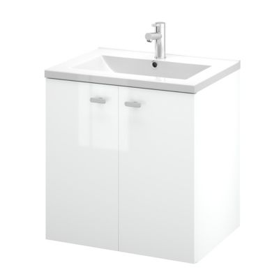 Meuble sous vasque suspendu blanc brillant l.60 cm 2 portes Imandra + plan vasque blanc céramique Nira, GoodHome