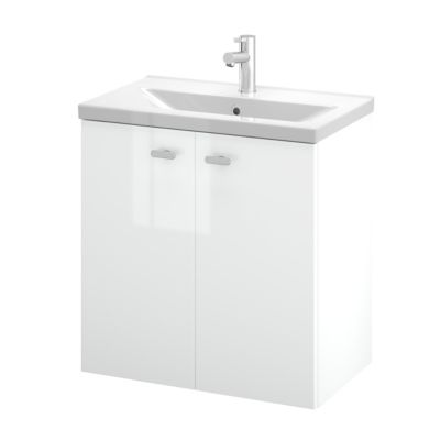 Meuble sous vasque suspendu blanc brillant l.60 cm 2 portes Imandra + plan vasque faible profondeur blanc céramique Nira, GoodHome