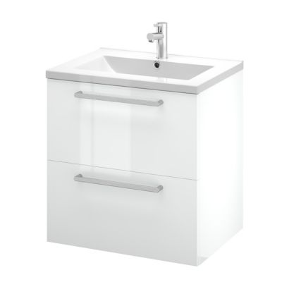 Meuble sous vasque suspendu blanc brillant l.60 cm 2 tiroirs Imandra + plan vasque blanc céramique Nira, GoodHome