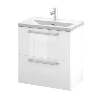 Meuble sous vasque suspendu blanc brillant l.60 cm 2 tiroirs Imandra + plan vasque faible profondeur blanc céramique Nira, GoodHome