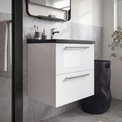 Meuble sous vasque suspendu blanc brillant l.60 cm 2 tiroirs Imandra + plan vasque faible profondeur noir céramique Nira, GoodHome