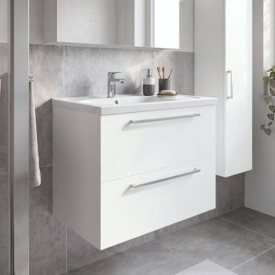 Meuble sous vasque suspendu blanc brillant l.80 cm 2 tiroirs Imandra + plan vasque blanc céramique Levanna, GoodHome