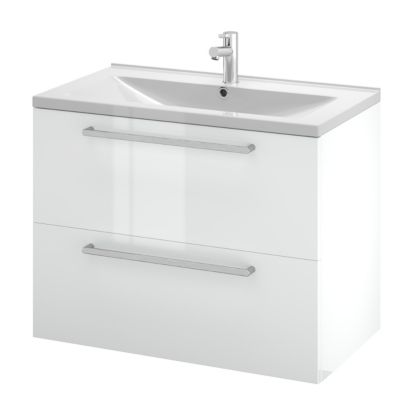 Meuble sous vasque suspendu blanc brillant l.80 cm 2 tiroirs Imandra + plan vasque blanc céramique Nira, GoodHome