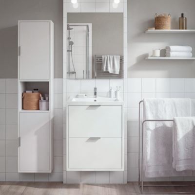 Meuble sous vasque suspendu blanc l.60 cm GoodHome Nava + plan vasque blanc céramique Opah
