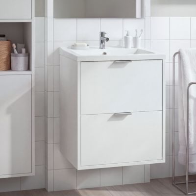 Meuble sous vasque suspendu blanc l.60 cm Nava + plan vasque blanc céramique Nira, GoodHome