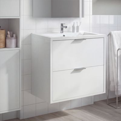 Meuble sous vasque suspendu blanc l.80 cm Nava + plan vasque blanc céramique Nira, GoodHome