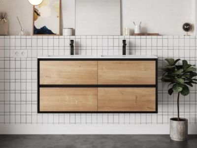 Meuble sous vasque suspendu - Coloris naturel clair et noir - 120 cm - LANNICK