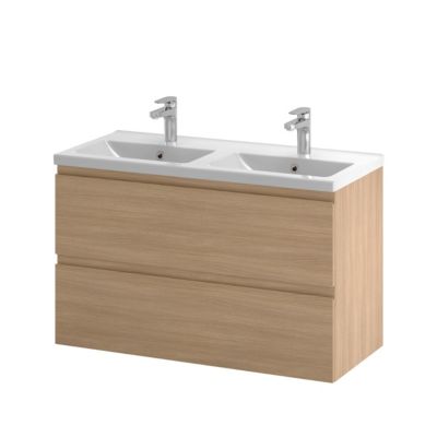 Meuble sous vasque suspendu effet chêne clair l.100 cm 2 tiroirs Imandra + plan double vasque blanc céramique Nira, GoodHome