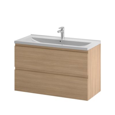 Meuble sous vasque suspendu effet chêne clair l.100 cm 2 tiroirs Imandra + plan vasque blanc céramique Nira, GoodHome