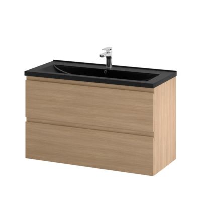 Meuble sous vasque suspendu effet chêne clair l.100 cm 2 tiroirs Imandra + plan vasque noir porcelaine vitrifiée Nira, GoodHome