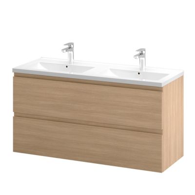 Meuble sous vasque suspendu effet chêne clair l.120 cm 2 tiroirs Imandra + plan double vasque blanc céramique Nira, GoodHome