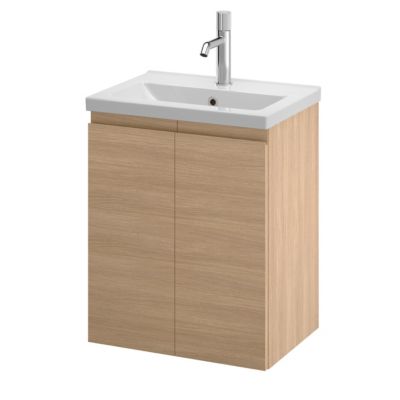 Meuble sous vasque suspendu effet chêne clair l.50 cm 2 portes Imandra + plan vasque faible profondeur blanc céramique Nira, GoodHome