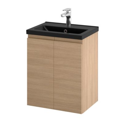 Meuble sous vasque suspendu effet chêne clair l.50 cm 2 portes Imandra + plan vasque faible profondeur noir céramique Nira, GoodHome