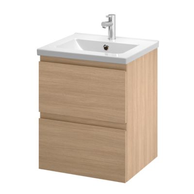 Meuble sous vasque suspendu effet chêne clair l.50 cm 2 tiroirs Imandra + plan vasque blanc céramique Nira, GoodHome