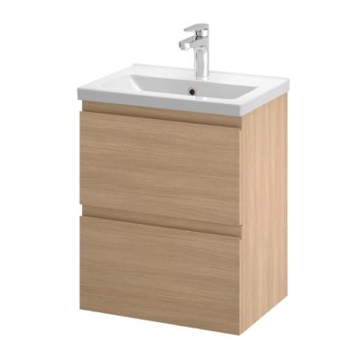 Meuble sous vasque suspendu effet chêne clair l.50 cm 2 tiroirs Imandra + plan vasque faible profondeur blanc céramique Nira, GoodHome