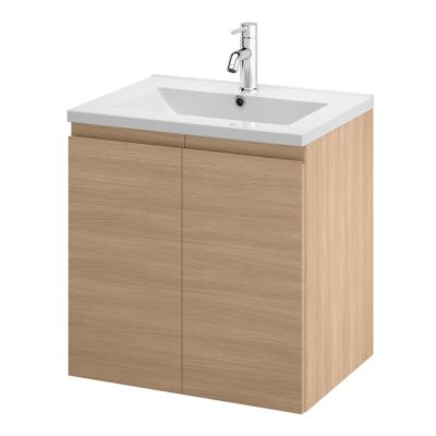 Meuble sous vasque suspendu effet chêne clair l.60 cm 2 portes Imandra + plan vasque blanc céramique Nira, GoodHome