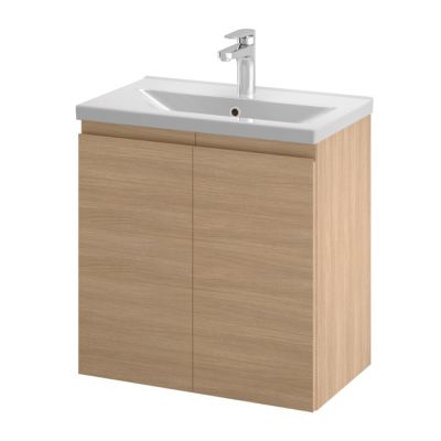 Meuble sous vasque suspendu effet chêne clair l.60 cm 2 portes Imandra + plan vasque faible profondeur blanc céramique Nira, GoodHome
