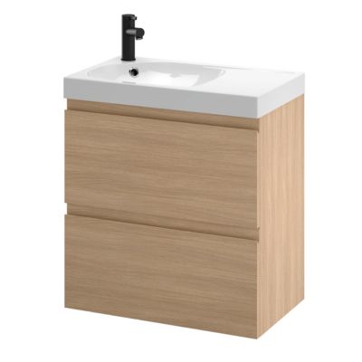 Meuble sous vasque suspendu effet chêne clair l.60 cm 2 tiroirs Imandra + plan vasque blanc satin résine Maza, GoodHome
