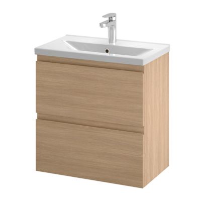 Meuble sous vasque suspendu effet chêne clair l.60 cm 2 tiroirs Imandra + plan vasque faible profondeur blanc céramique Nira, GoodHome