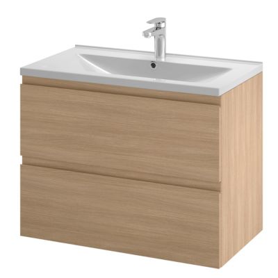 Meuble sous vasque suspendu effet chêne clair l.80 cm 2 tiroirs Imandra + plan vasque blanc céramique Nira, GoodHome