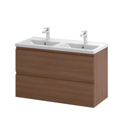 Meuble sous vasque suspendu effet chêne foncé l.100 cm 2 tiroirs Imandra + plan double vasque blanc céramique Nira, GoodHome