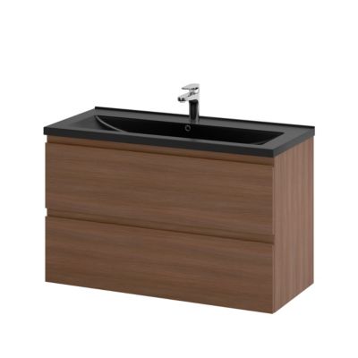 Meuble sous vasque suspendu effet chêne foncé l.100 cm 2 tiroirs Imandra + plan vasque noir porcelaine vitrifiée Nira, GoodHome