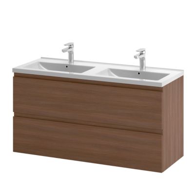 Meuble sous vasque suspendu effet chêne foncé l.120 cm 2 tiroirs Imandra + plan double vasque blanc céramique Nira, GoodHome