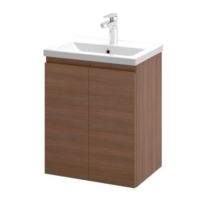 Meuble sous vasque suspendu effet chêne foncé l.50 cm 2 portes Imandra + plan vasque faible profondeur blanc céramique Nira, GoodHome