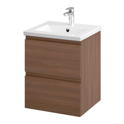 Meuble sous vasque suspendu effet chêne foncé l.50 cm 2 tiroirs Imandra + plan vasque blanc céramique Nira, GoodHome