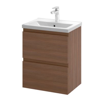 Meuble sous vasque suspendu effet chêne foncé l.50 cm 2 tiroirs Imandra + plan vasque faible profondeur blanc céramique Nira, GoodHome