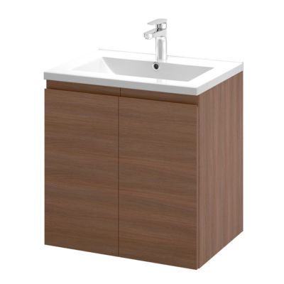Meuble sous vasque suspendu effet chêne foncé l.60 cm 2 portes Imandra + plan vasque blanc céramique Nira, GoodHome