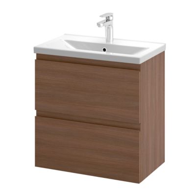 Meuble sous vasque suspendu effet chêne foncé l.60 cm 2 tiroirs Imandra + plan vasque faible profondeur blanc céramique Nira, GoodHome