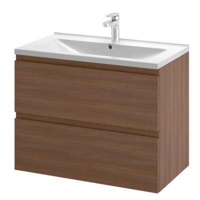 Meuble sous vasque suspendu effet chêne foncé l.80 cm 2 tiroirs Imandra + plan vasque blanc céramique Nira, GoodHome