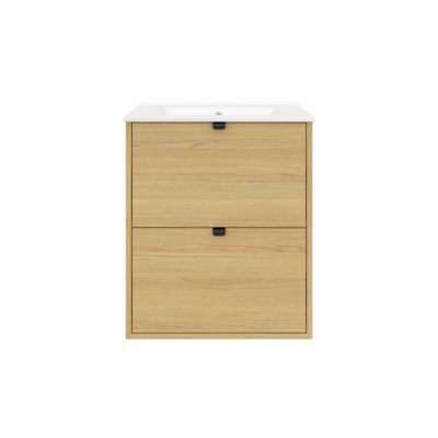 Meuble sous vasque suspendu effet chêne l.60 cm GoodHome Nava + plan vasque blanc céramique Opah