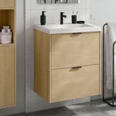 Meuble sous vasque suspendu effet chêne l.60 cm Nava + plan vasque blanc céramique Nira, GoodHome