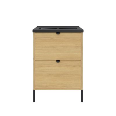 Meuble sous vasque suspendu effet chêne l.60 cm Nava + plan vasque noir céramique Nira + 2 pieds réglables noir H.15,6 cm Nava, GoodHome