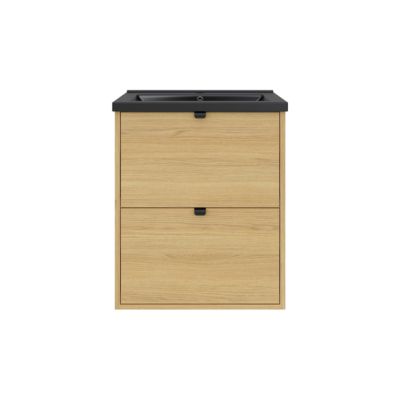 Meuble sous vasque suspendu effet chêne l.60 cm Nava + plan vasque noir céramique Nira, GoodHome