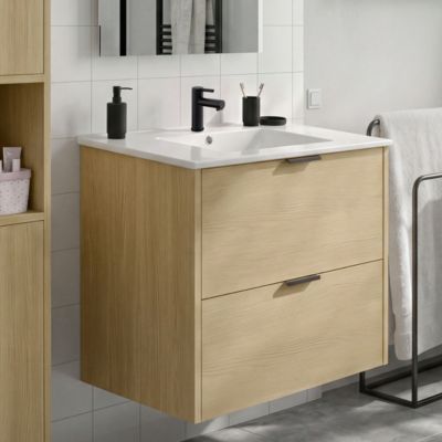 Meuble sous vasque suspendu effet chêne l.80 cm Nava + plan vasque blanc céramique Nira, GoodHome