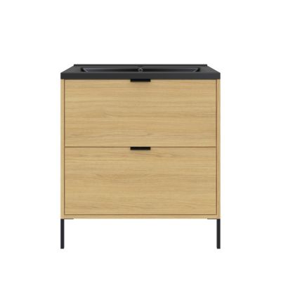 Meuble sous vasque suspendu effet chêne l.80 cm Nava + plan vasque noir céramique Nira + 2 pieds réglables noir H.15,6 cm Nava, GoodHome