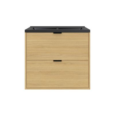 Meuble sous vasque suspendu effet chêne l.80 cm Nava + plan vasque noir céramique Nira, GoodHome