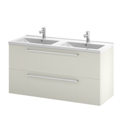 Meuble sous vasque suspendu gris galet l.120 cm 2 tiroirs Imandra + plan double vasque blanc céramique Nira, GoodHome