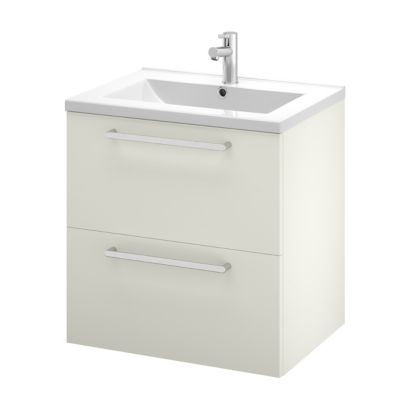 Meuble sous vasque suspendu gris galet l.60 cm 2 tiroirs Imandra + plan vasque blanc céramique Nira, GoodHome