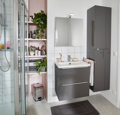 Meuble sous vasque suspendu gris taupe brillant l.60 x H.60 x P.45 cm, GoodHome Imandra