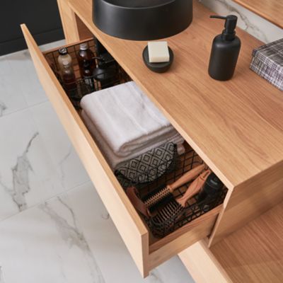Meuble sous vasque suspendu l.100 cm placage chêne, 1 tiroir, GoodHome Avela