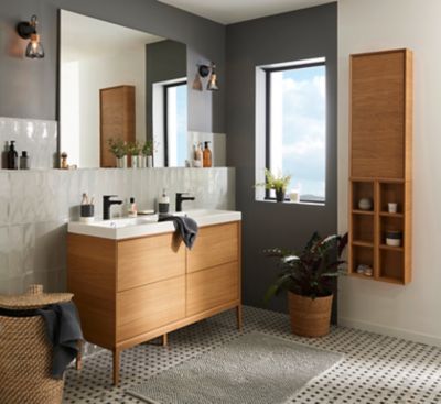 Meuble sous vasque suspendu l.120 cm placage chêne, GoodHome Avela