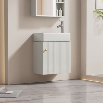Meuble sous vasque suspendu l.46 cm avec vasque, façade design 3D