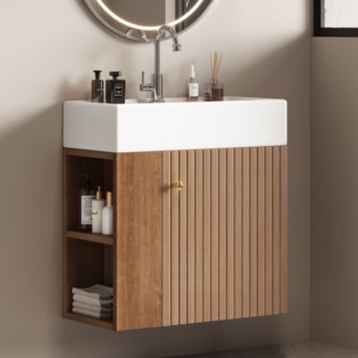 Meuble sous vasque suspendu l.55 cm avec lavabo céramique blanc et rangement latéral