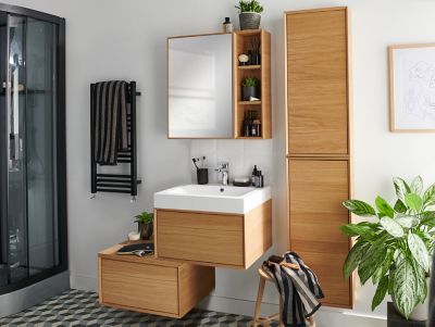Meuble sous vasque suspendu l.60 cm placage chêne, 1 tiroir, GoodHome Avela